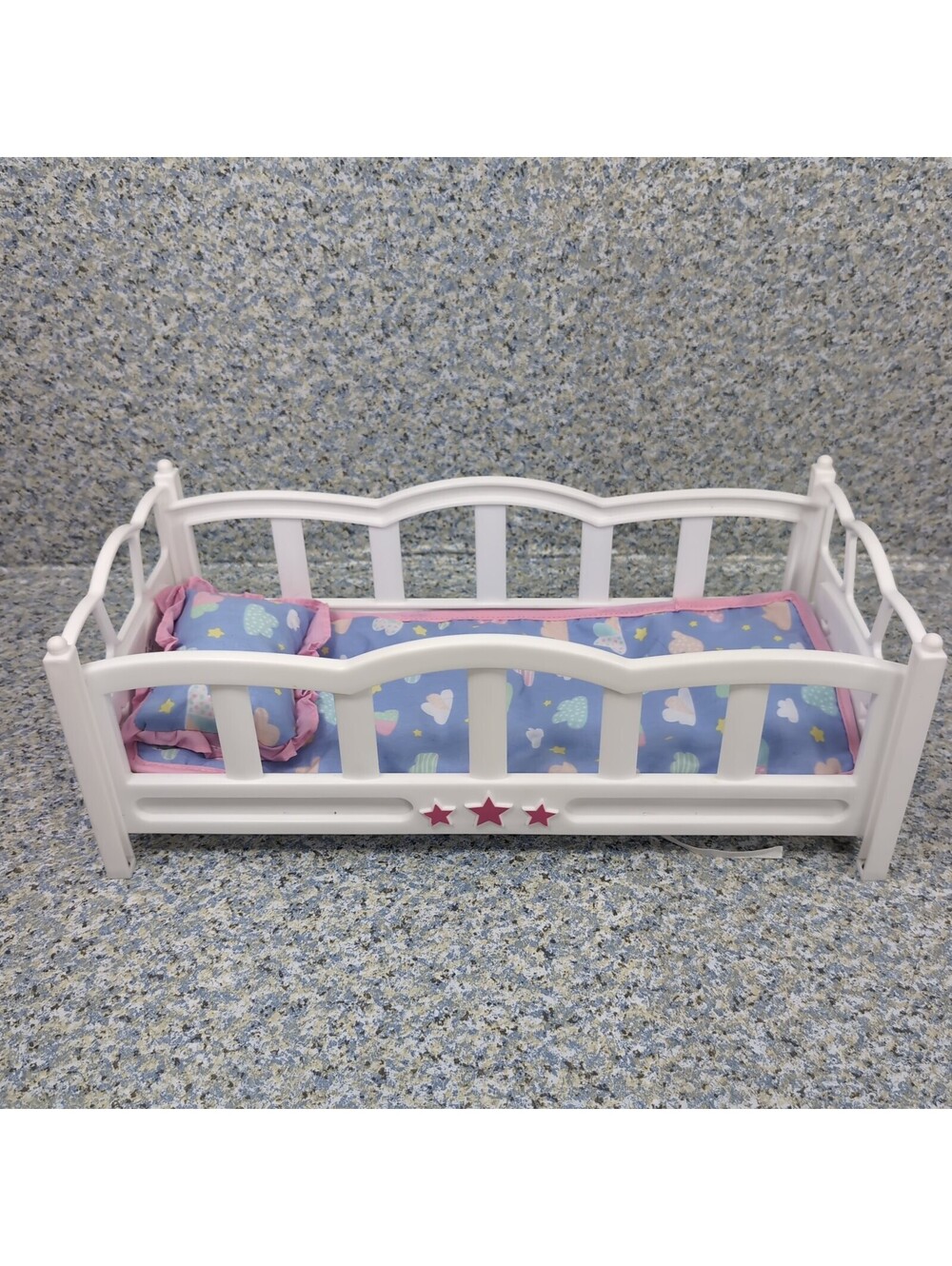 My Sweet Love White Plastic Toy Doll  Bed Crib Pink Stars With Bedding